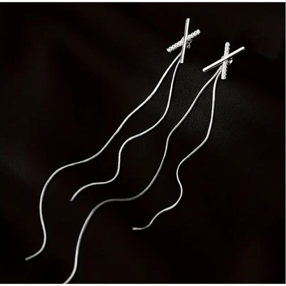 NEW - long dangle earrings, tassel earrings, silver, cross, chain earrings - Picture 2 of 4